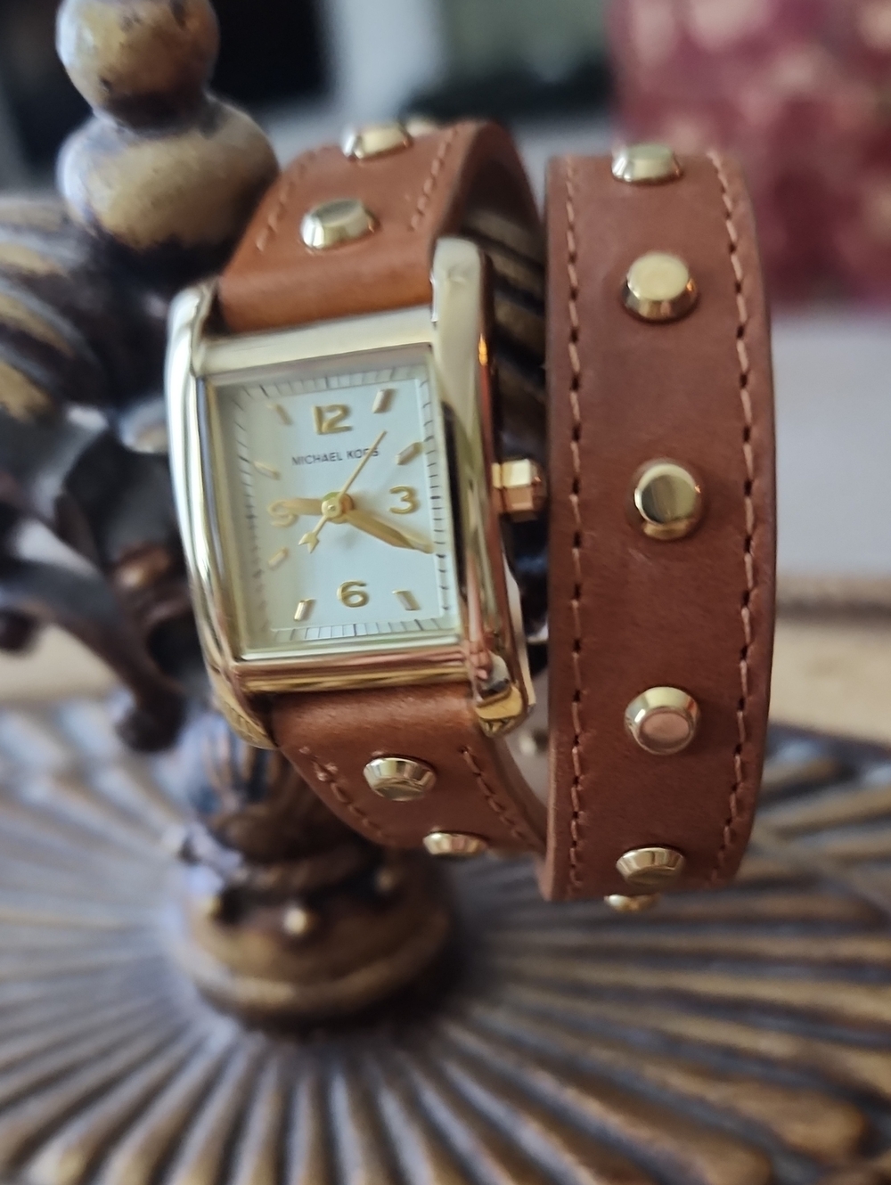 Vintage Michael Kors Tan Leather Double-Wrap Watch with Gold Accents